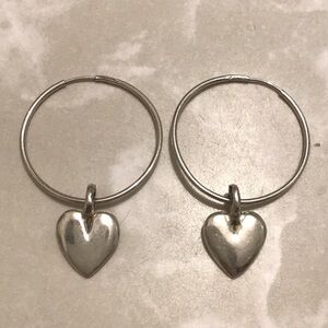 Vintage 925 Stamped Sterling Silver Heart Hoop Dangle Earrings